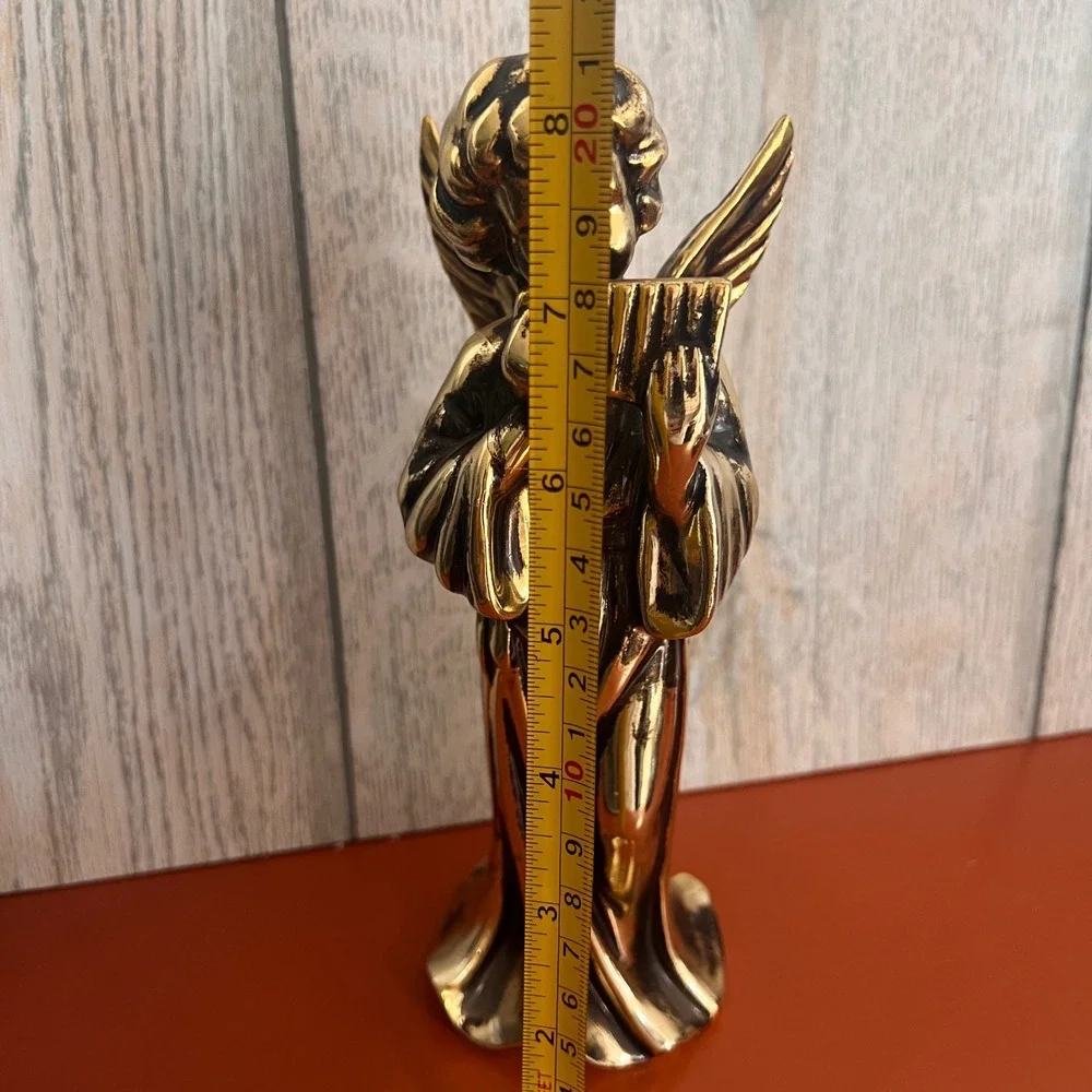 Vintage Gold Tone Angel Figurine Playing Pan Flute Winged Celestial Decor 8.25in